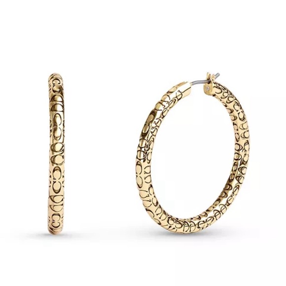 Women’s COACH Gold-Tone Signature Quilted Hoop Earrings - Picture 1 of 3